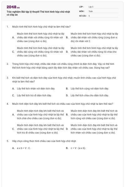 Trắc nghiệm Bài tập lý thuyết Thể tích hình hộp chữ nhật có đáp án