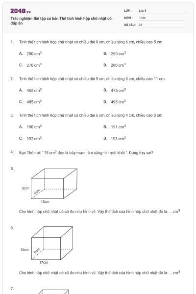 Trắc nghiệm Bài tập cơ bản Thể tích hình hộp chữ nhật có đáp án