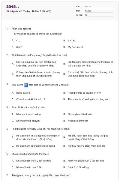 Đề thi giữa kì 1 Tin học 10 Lần 2 (Đề số 1)