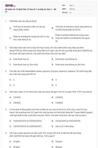 Đề kiểm tra 15 phút Hóa 12 Học kì 1 có đáp án (Lần 1 - Đề 2)