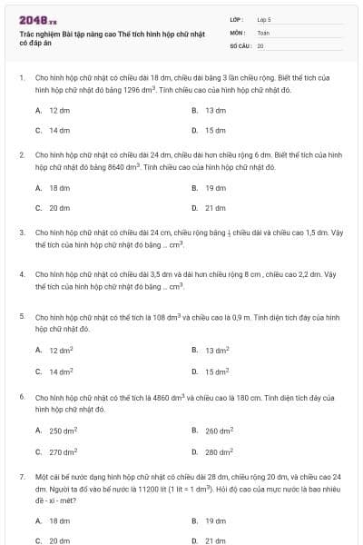 Trắc nghiệm Bài tập nâng cao Thể tích hình hộp chữ nhật có đáp án