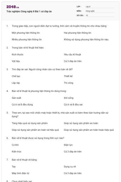 Trắc nghiệm Công nghệ 8 Bài 1 có đáp án