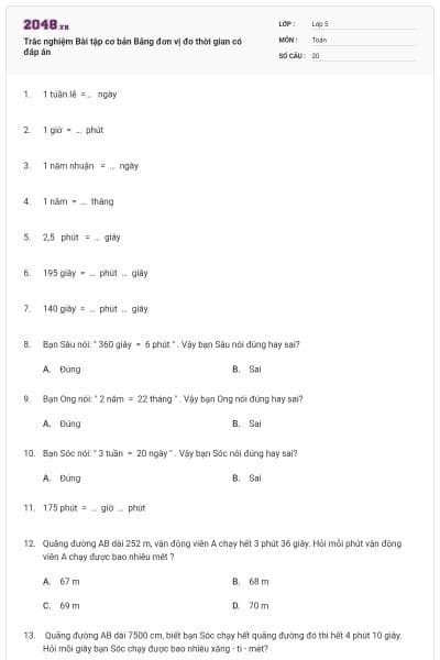 Trắc nghiệm Bài tập cơ bản Bảng đơn vị đo thời gian có đáp án