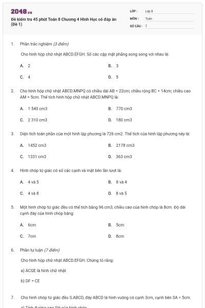 Đề kiểm tra 45 phút Toán 8 Chương 4 Hình Học có đáp án (Đề 1)
