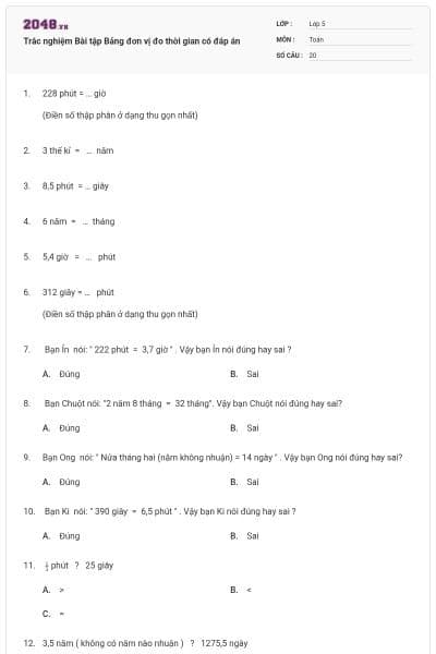 Trắc nghiệm Bài tập Bảng đơn vị đo thời gian có đáp án