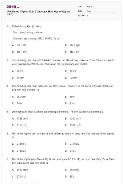 Đề kiểm tra 45 phút Toán 8 Chương 4 Hình Học có đáp án (Đề 3)