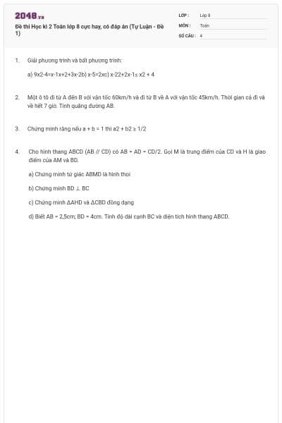 Đề thi Học kì 2 Toán lớp 8 cực hay, có đáp án (Tự Luận - Đề 1)