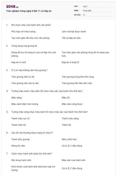 Trắc nghiệm Công nghệ 6 Bài 11 có đáp án