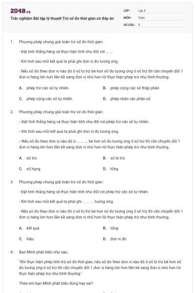 Trắc nghiệm Bài tập lý thuyết Trừ số đo thời gian có đáp án