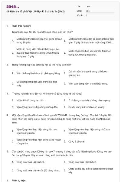 Đề kiểm tra 15 phút Vật Lí 8 Học kì 2 có đáp án (Đề 2)
