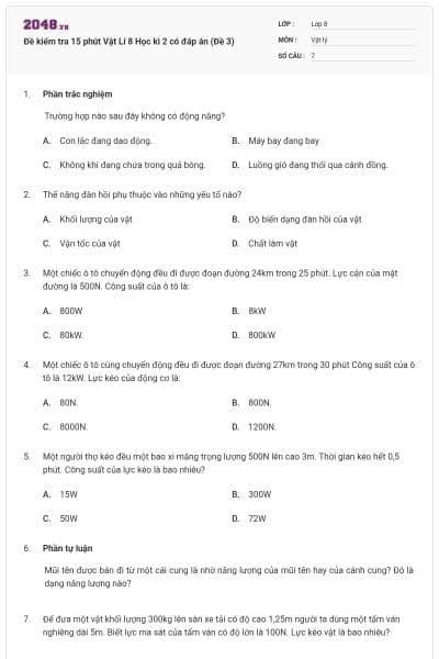 Đề kiểm tra 15 phút Vật Lí 8 Học kì 2 có đáp án (Đề 3)