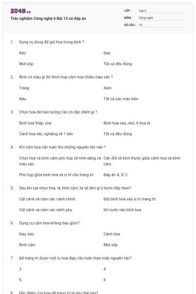 Trắc nghiệm Công nghệ 6 Bài 13 có đáp án