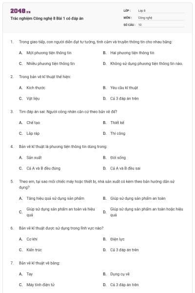 Trắc nghiệm Công nghệ 8 Bài 1 có đáp án
