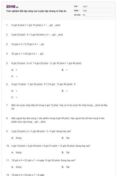 Trắc nghiệm Bài tập nâng cao Luyện tập chung có đáp án