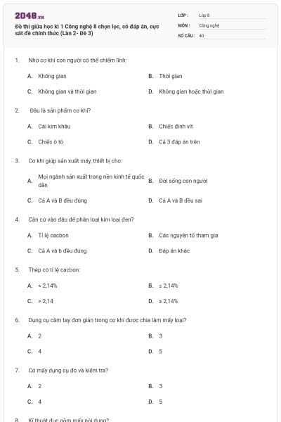 Đề thi giữa học kì 1 Công nghệ 8 chọn lọc, có đáp án, cực sát đề chính thức (Lần 2- Đề 3)