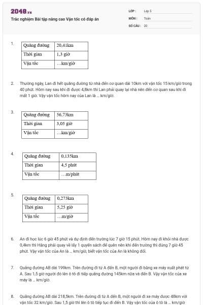 Trắc nghiệm Bài tập nâng cao Vận tốc có đáp án