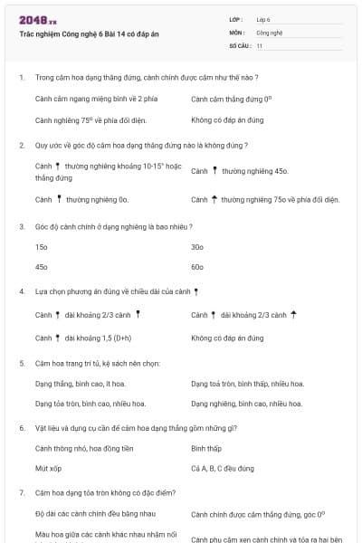 Trắc nghiệm Công nghệ 6 Bài 14 có đáp án