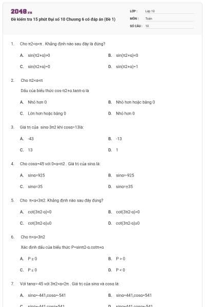 Đề kiểm tra 15 phút Đại số 10 Chương 6 có đáp án (Đề 1)