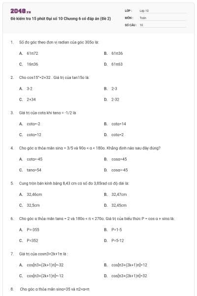 Đề kiểm tra 15 phút Đại số 10 Chương 6 có đáp án (Đề 2)