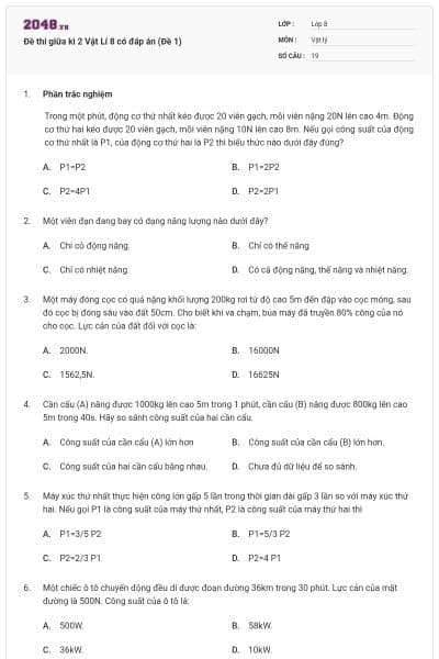 Đề thi giữa kì 2 Vật Lí 8 có đáp án (Đề 1)