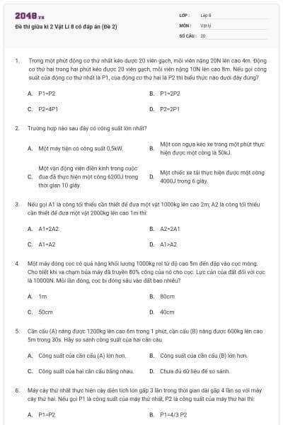 Đề thi giữa kì 2 Vật Lí 8 có đáp án (Đề 2)