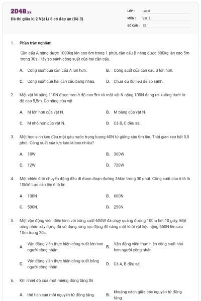 Đề thi giữa kì 2 Vật Lí 8 có đáp án (Đề 3)