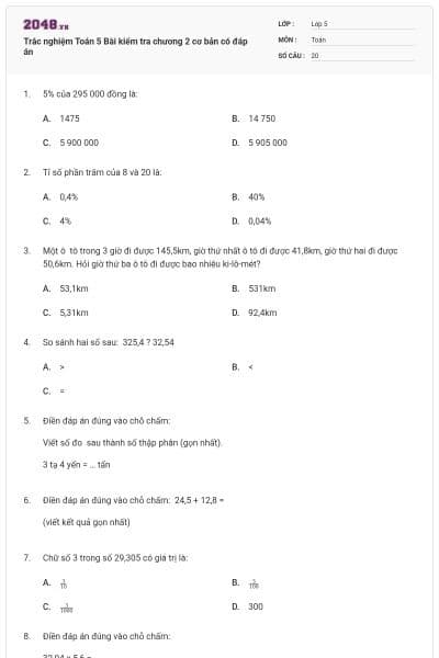 Trắc nghiệm Toán 5 Bài kiểm tra chương 2 cơ bản có đáp án