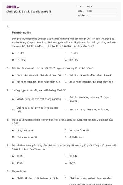 Đề thi giữa kì 2 Vật Lí 8 có đáp án (Đề 4)