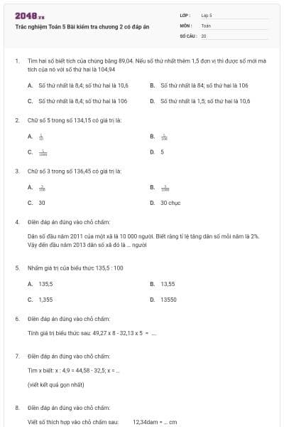 Trắc nghiệm Toán 5 Bài kiểm tra chương 2 có đáp án