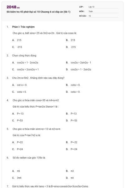Đề kiểm tra 45 phút Đại số 10 Chương 6 có đáp án (Đề 1)