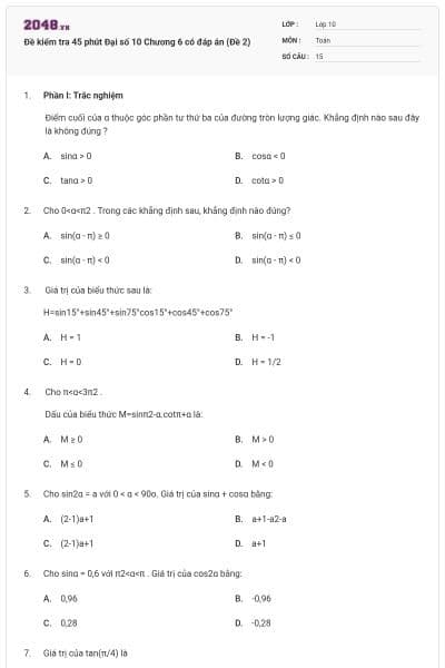 Đề kiểm tra 45 phút Đại số 10 Chương 6 có đáp án (Đề 2)