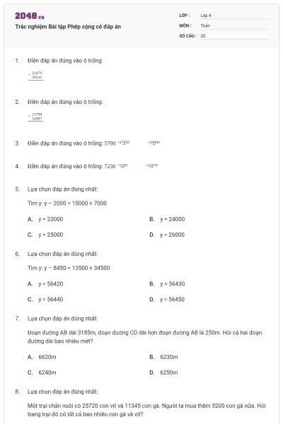 Trắc nghiệm Bài tập Phép cộng có đáp án