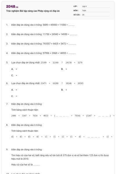 Trắc nghiệm Bài tập nâng cao Phép cộng có đáp án