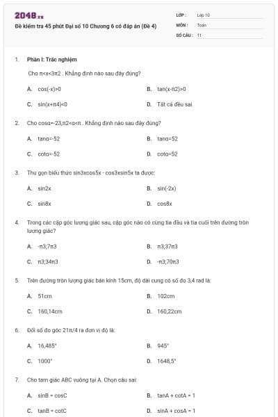 Đề kiểm tra 45 phút Đại số 10 Chương 6 có đáp án (Đề 4)