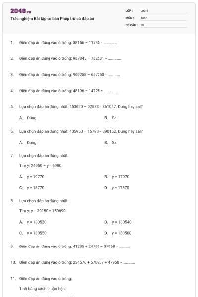 Trắc nghiệm Bài tập cơ bản Phép trừ có đáp án