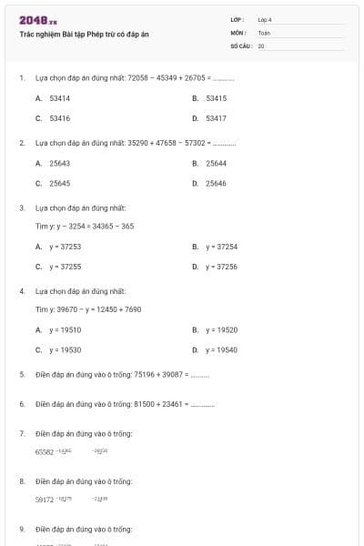 Trắc nghiệm Bài tập Phép trừ có đáp án