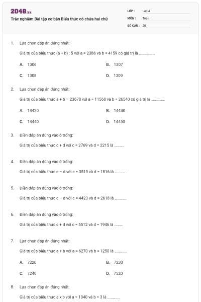 Trắc nghiệm Bài tập cơ bản Biểu thức có chứa hai chữ