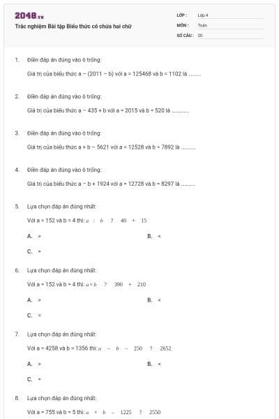 Trắc nghiệm Bài tập Biểu thức có chứa hai chữ