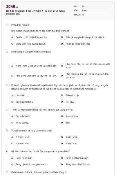 Bộ 4 Đề thi giữa kì 1 Địa Lí 12 (Đề 2 - có đáp án và thang điểm chi tiết)