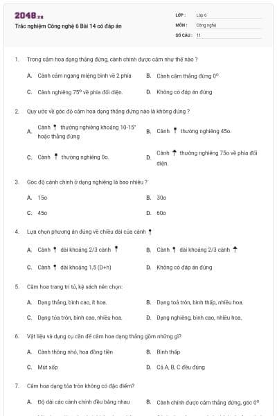 Trắc nghiệm Công nghệ 6 Bài 14 có đáp án