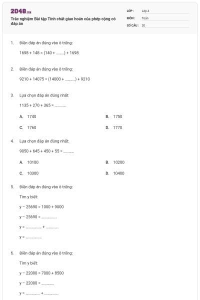 Trắc nghiệm Bài tập Tính chất giao hoán của phép cộng có đáp án