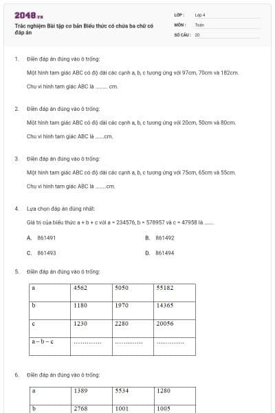 Trắc nghiệm Bài tập cơ bản Biểu thức có chứa ba chữ có đáp án