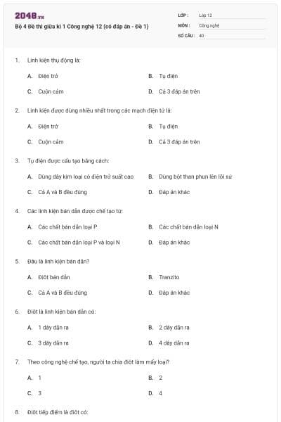 Bộ 4 Đề thi giữa kì 1 Công nghệ 12 (có đáp án - Đề 1)