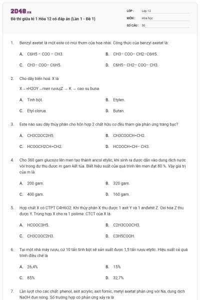 Đề thi giữa kì 1 Hóa 12 có đáp án (Lần 1 - Đề 1)