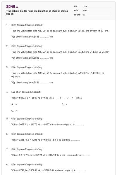 Trắc nghiệm Bài tập nâng cao Biểu thức có chứa ba chữ có đáp án