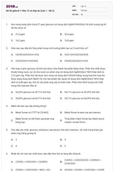 Đề thi giữa kì 1 Hóa 12 có đáp án (Lần 1 - Đề 2)
