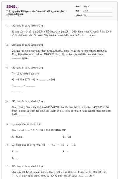 Trắc nghiệm Bài tập cơ bản Tính chất kết hợp của phép cộng có đáp án