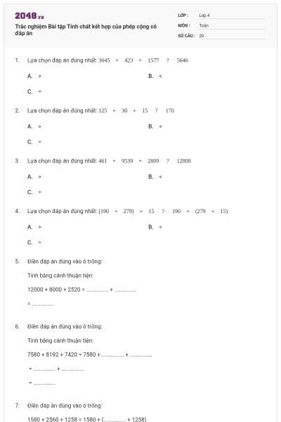 Trắc nghiệm Bài tập Tính chất kết hợp của phép cộng có đáp án