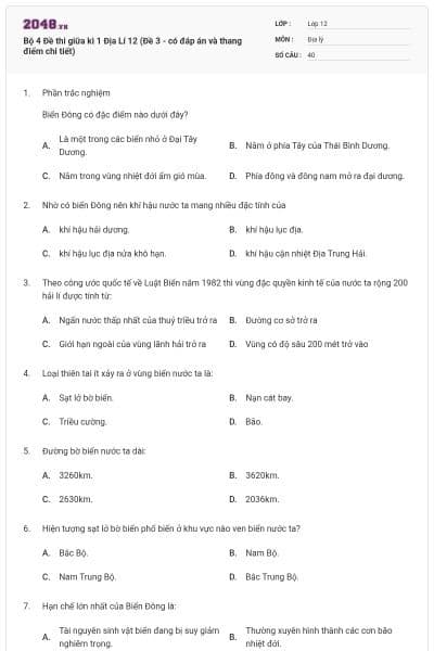 Bộ 4 Đề thi giữa kì 1 Địa Lí 12 (Đề 3 - có đáp án và thang điểm chi tiết)