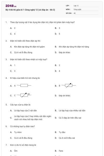 Bộ 4 Đề thi giữa kì 1 Công nghệ 12 (có đáp án - Đề 3)